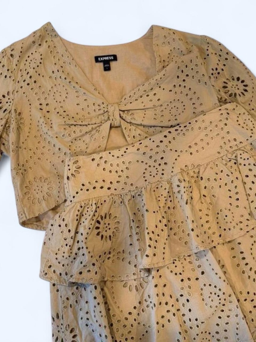 Express Tan Eyelet Tie-Front Crop Top and Skirt